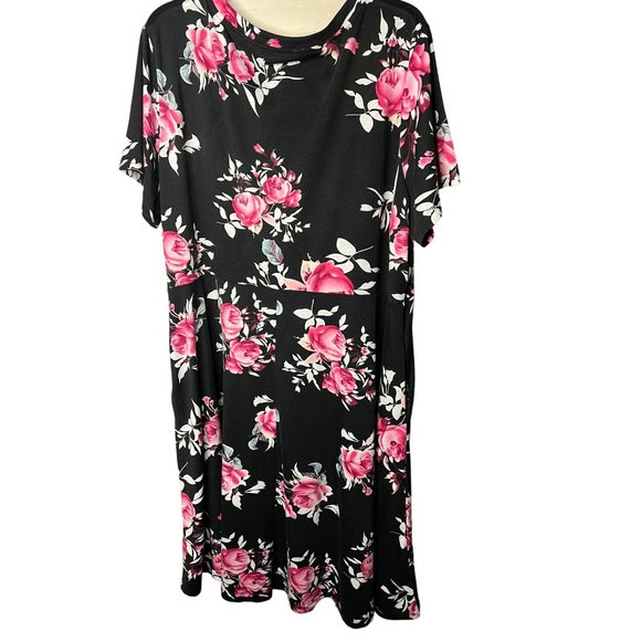 Nemido Women's Dress Size 26 Black Pink Floral Midi Short Sleeve Round Neck Pock - Picture 2 of 13